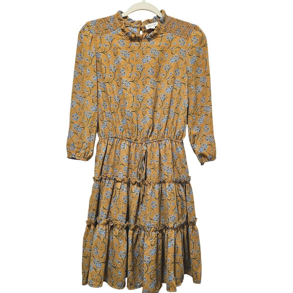 ROOLEE Sm Floral Brown dress. Fall vibe. Teared. 3/4 sleeve.‎ Western. Cowgirl.